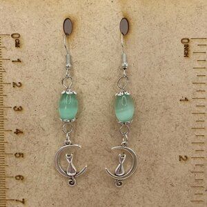 Cat on A Crescent Moon Green Glass Bead Handmade Dangle Pierced Earrings LA110